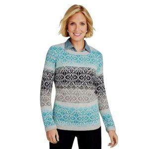 Talbots Fair Isle Sweater Size L Ombre Blue/Gray Pullover Nylon Lambswool Blend